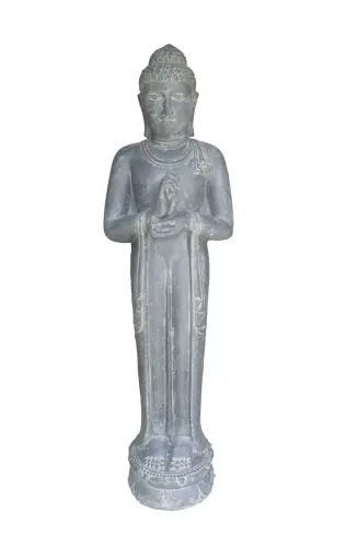 Artikelbild des Artikels “Stehender Buddha Rad der Lehre, Indien, 192 cm Höhe, Kunststein, hohl, handgefertigt & farbig. Eingefaerbt in der Farbe Antik-Finish “